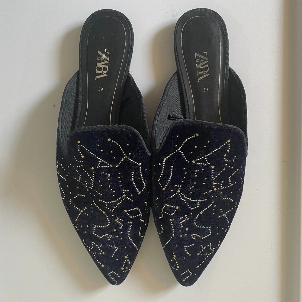 Zara Midnight Blue Velvet Constellation Mules